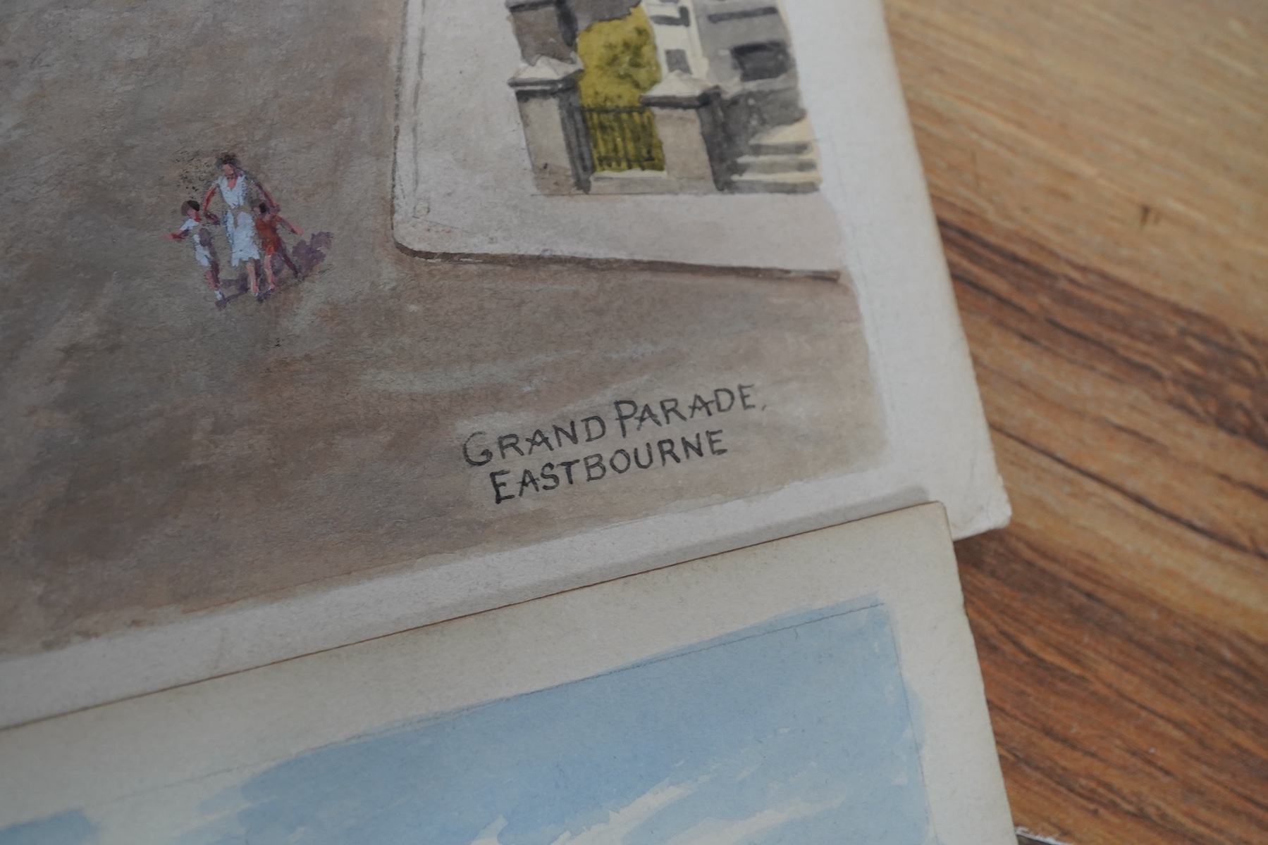 Alfred Robert Quinton (1853-1934), set of four original watercolours for postcard designs, Sussex coastal views comprising: Royal Parade bandstand, Eastbourne, Grand Parade, Eastbourne, Hastings from the castle and Rober